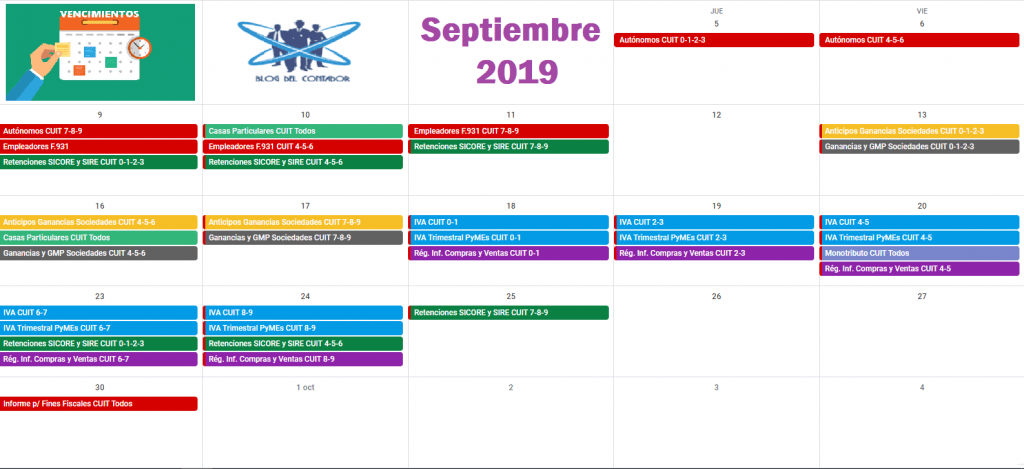 vencimientos afip septiembre 2019